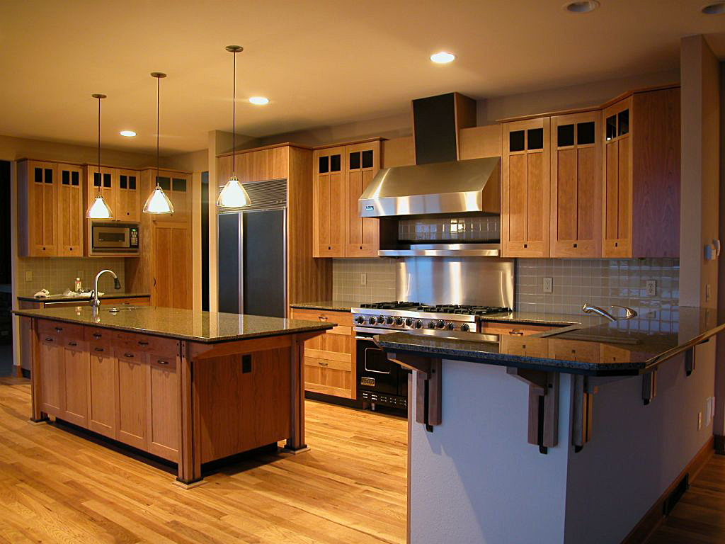 craftsman style kitchen with black glass